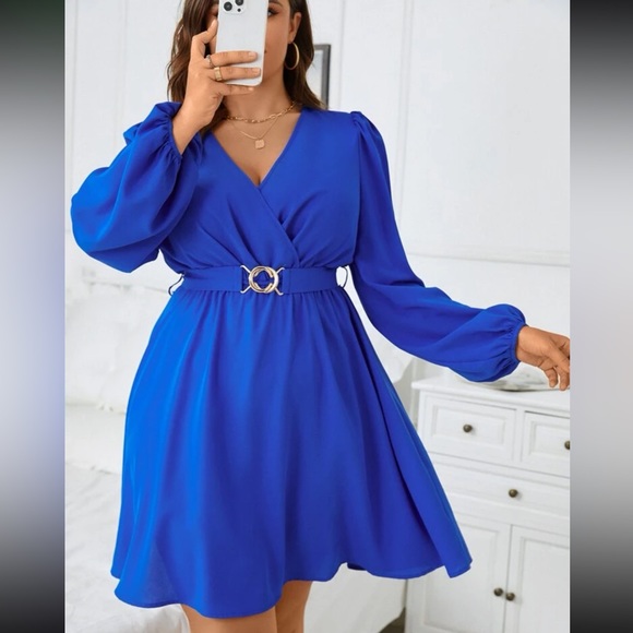 Plus size burgundy surplice neck lantern sleeve belted dress - Picture 11 of 15